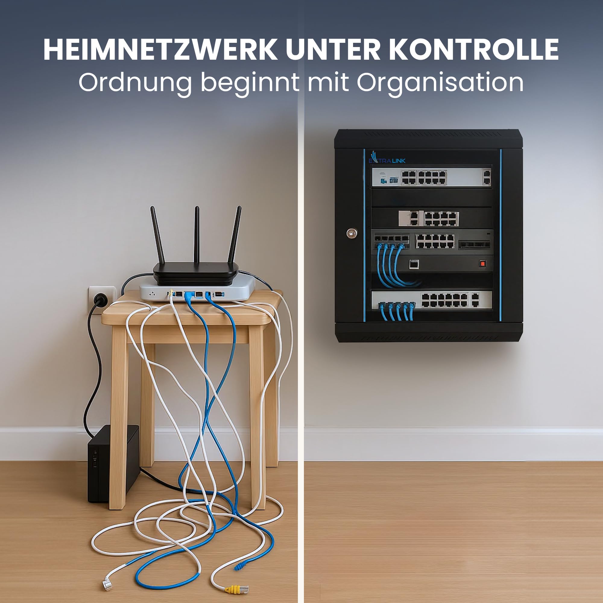 Extralink Serverschrank 19 Zoll 9HE - Netzwerkschrank 400mm Tiefe - Wand oder Standmontage, Traglast 60 kg, 180° Öffnung, schwarz - inkl. praktischer Regale - für Heimnetzwerk & IT-Geräte