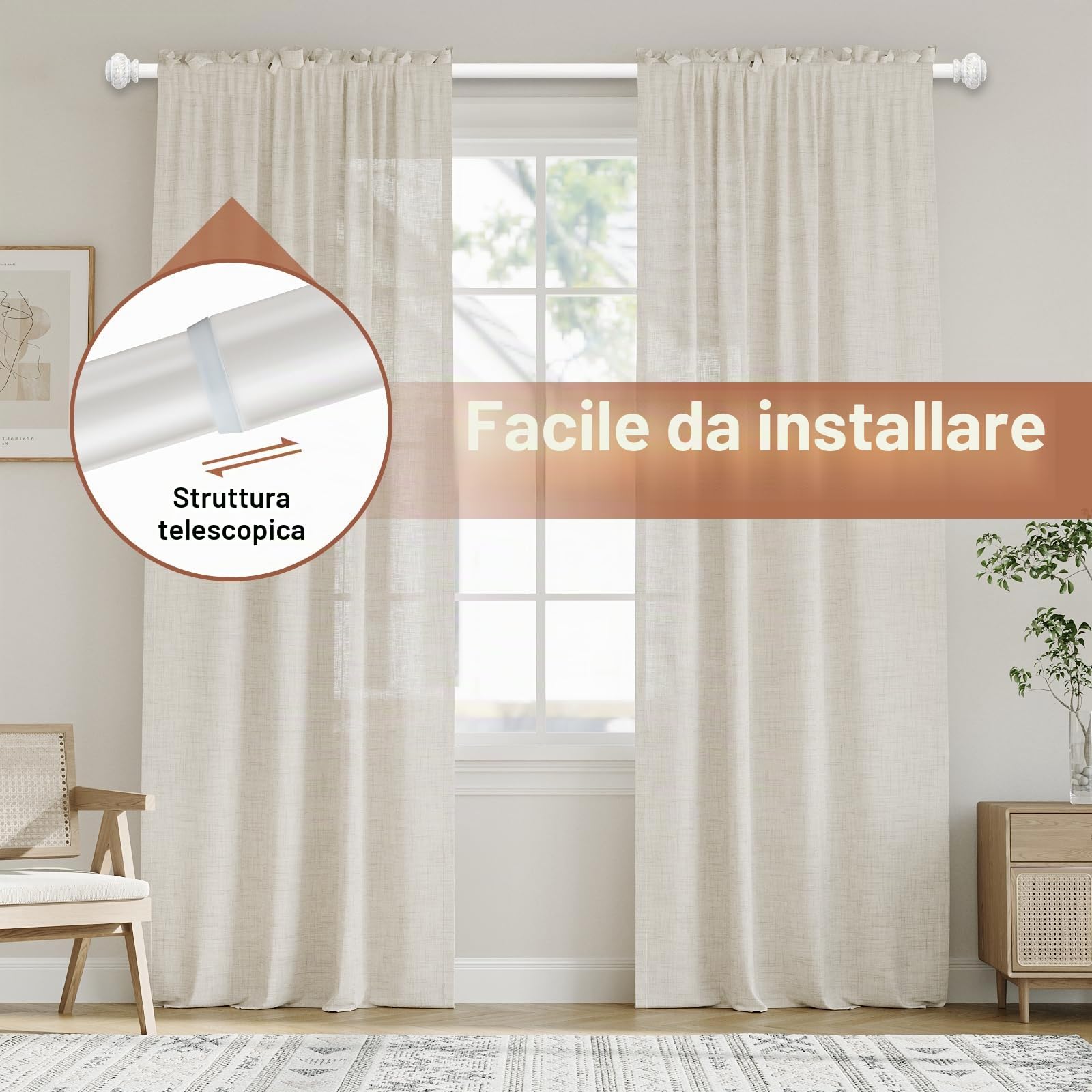 BellaHills 2 Pezzi Bastone per Tenda, 76-230 cm Aste per Tende per Finestra con Coperchio e Staffe Set, Bastone per Tende Regolabile di Diametro 25mm per Camera da Letto, Bianco