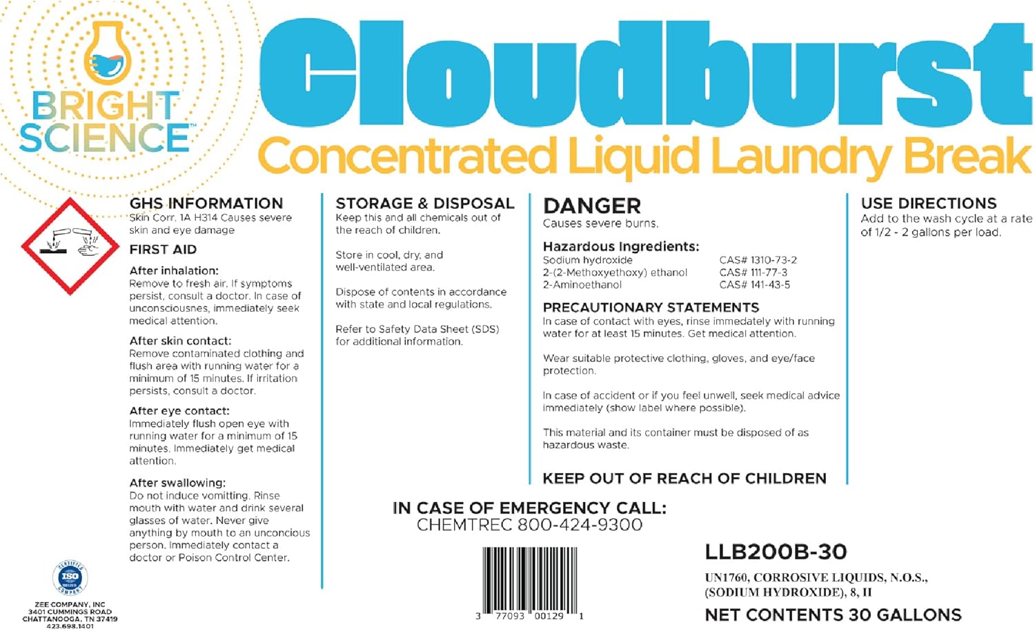 Cloudburst Laundry Break, Industrial Pre-Soak for Commerical Laundry, 30 gal