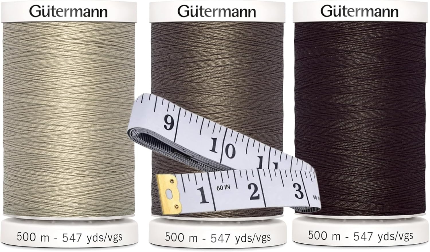 Gutermann Sew-All Thread (500m/547yd Each), 3-Pack Bundle with Bella's Crafts Soft Tape Measure (Brown Mix)