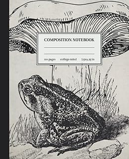 Caderno de composição com pauta universitária: ilustração vintage de sapo e cogumelo. Diário de escrita estética Cottageco...
