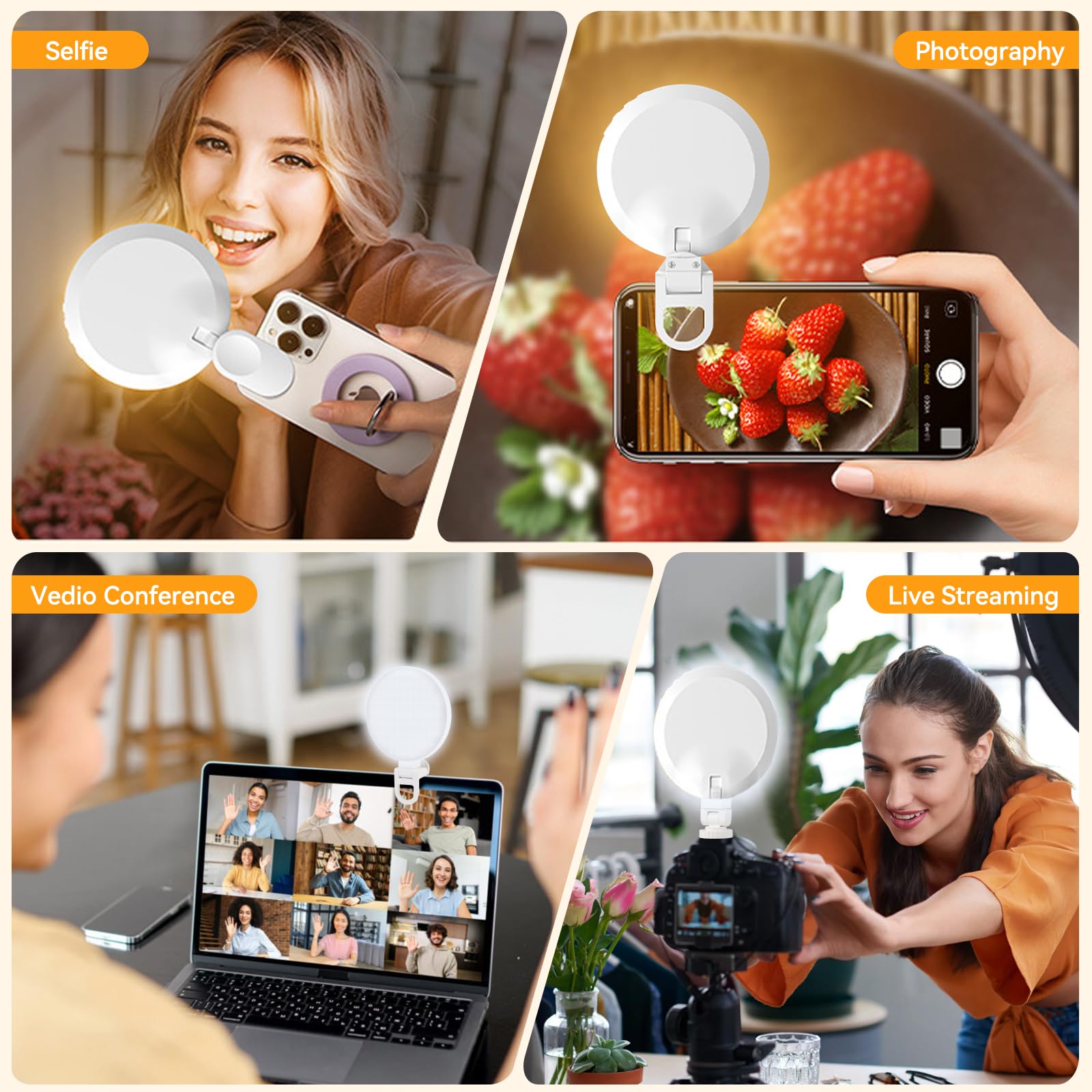 UTEBIT Luce Selfie Telefono a Clip 2500-9000K 3 Modalità Luce,Ring Light Telefono per iPhone/iPad/Laptop/Fotocamera/Fotografia Vlog 3000mAh