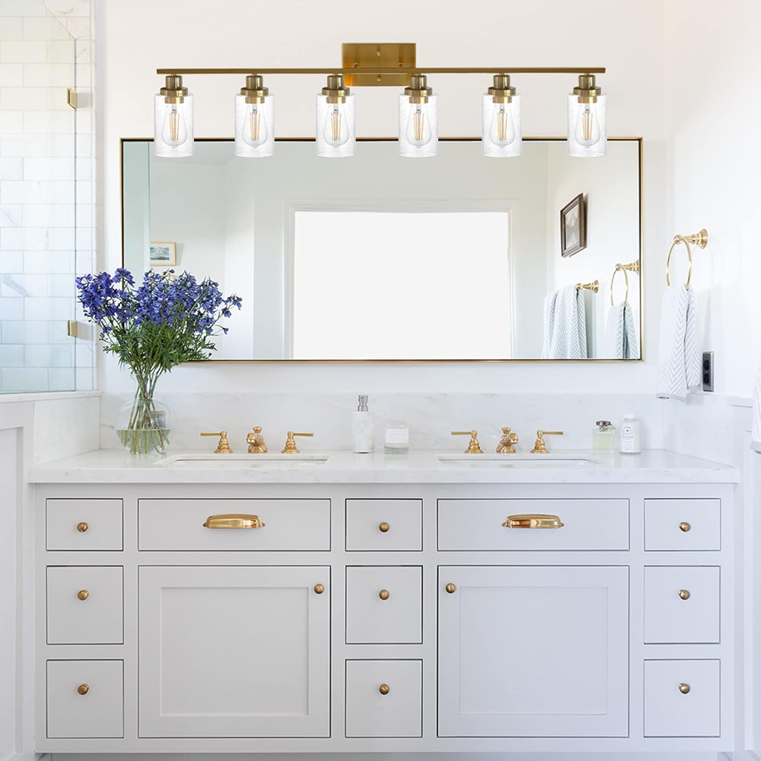 MELUCEE 6 Lights Brushed Brass Vanity Light, Bathroom Lights Fixtures Over Mirror with Bubbled Glass Shades, Modern Wall Sconce for Hallway Kitchen Living Room Bedroom Brushed Brass 45.3 inch