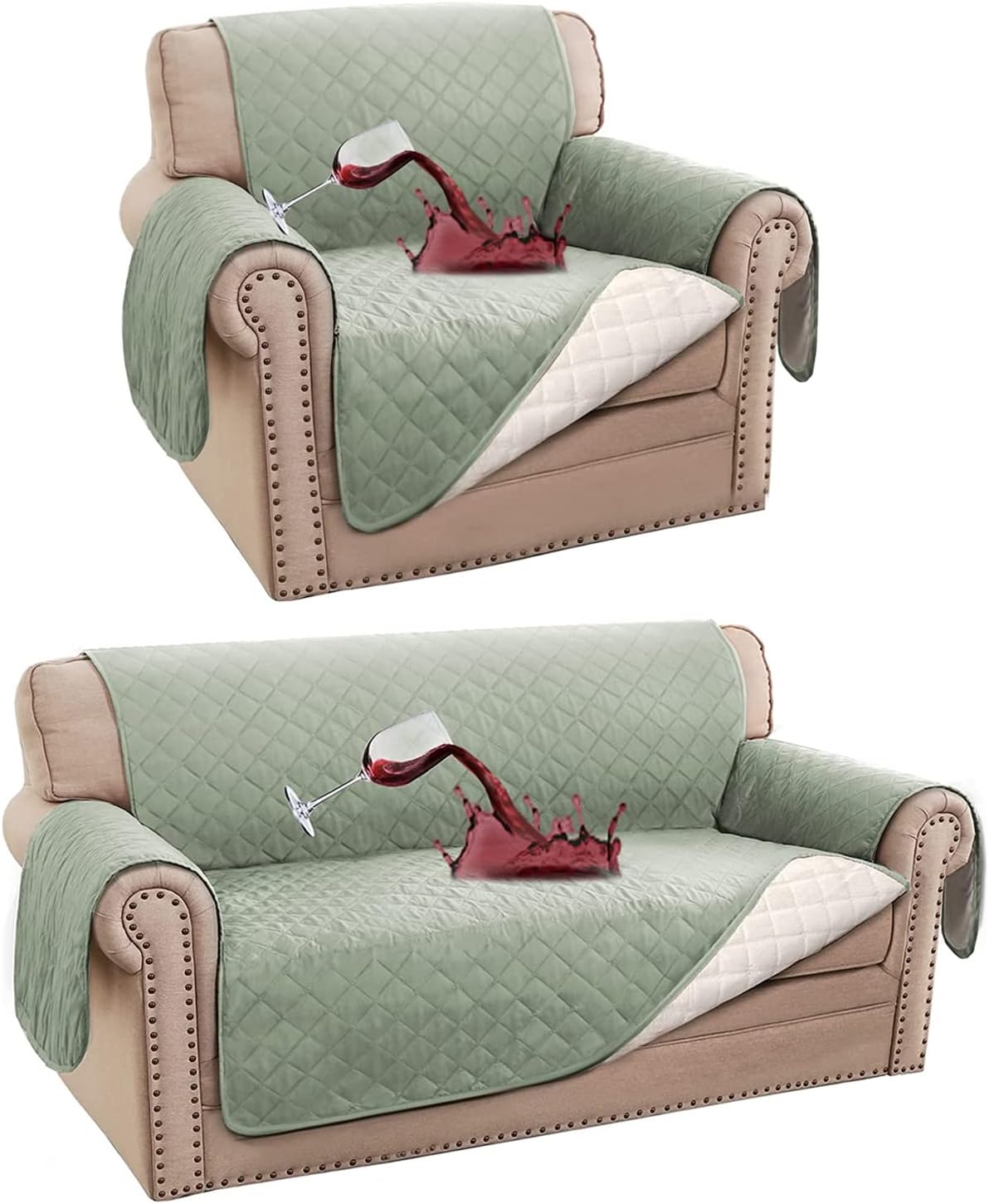 Turquoize 100% Waterproof Chair Slipcover for 1 Cushion Chair and Non-Slip Sofa Slipcover for 2 Cushion Couch Furniture Protector for Pets, Kids,Dog Bundle, Sage