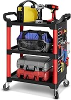 AutoDynasty 3-Level Rolling Utility Cart with Pegboard - 260 lbs Capacity, Swivel Wheels for Garage Workshop Storage, Black/Red
