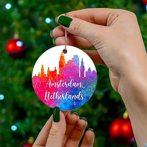 Vista 12 de Two-Side Printed Netherlands-Rotterdam Ceramic Christmas Ornament, Novelty for Family Friends Kids, Colorful City Painting Christmas Keepsake