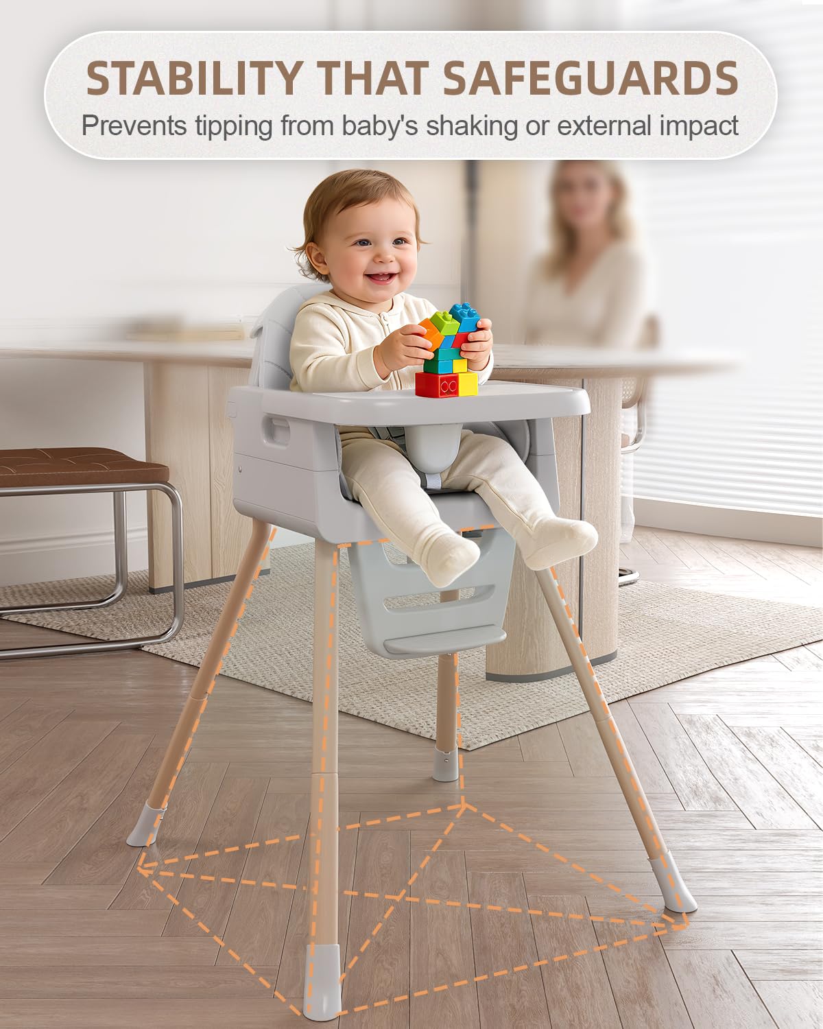 Baby High Chair for 6 Months+, Foldable High Chairs for Babies and Toddlers, Convertible Toddler Chair, Adjustable Tray & Footrest, Lightweight, Stable & Easy to Clean(Grey with Wood Grain)