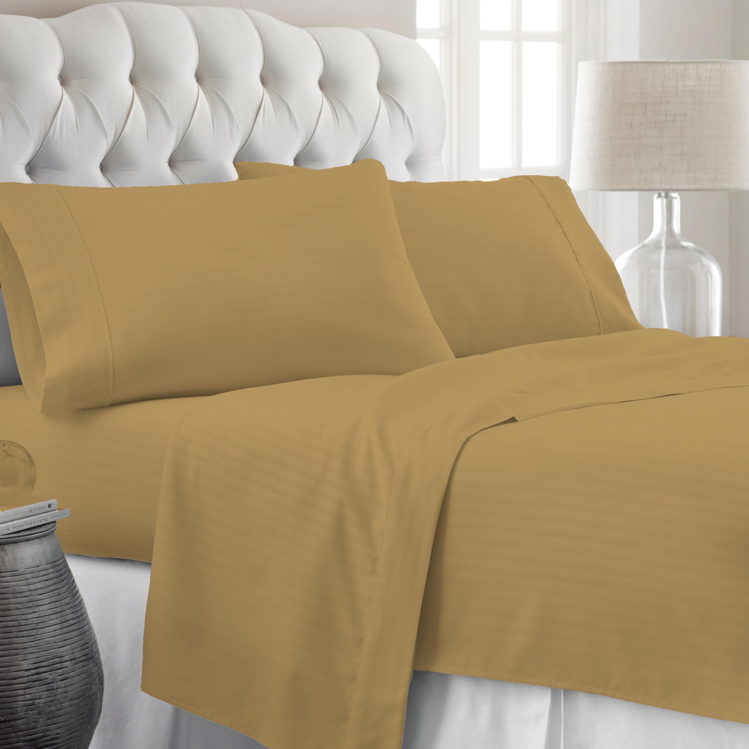 500TC Egyptian Cotton King Size Bedsheet Set | Luxurious Export Finish | Wrinkle-Free, Ultra-Soft & Breathable | Includes Topsheet & 2 Pillow Covers | Taupe Striped