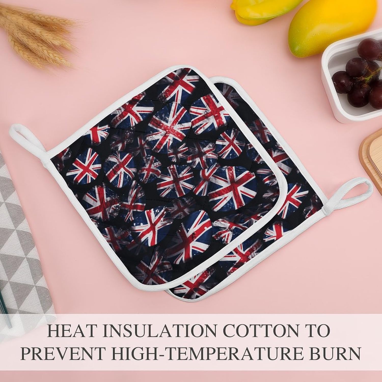 Pot Holder Set of 2 British Flag Printed Potholders for Kitchens Heat Resistant & Non Slip Potholders for Kitchen Cooking Baking BBQ