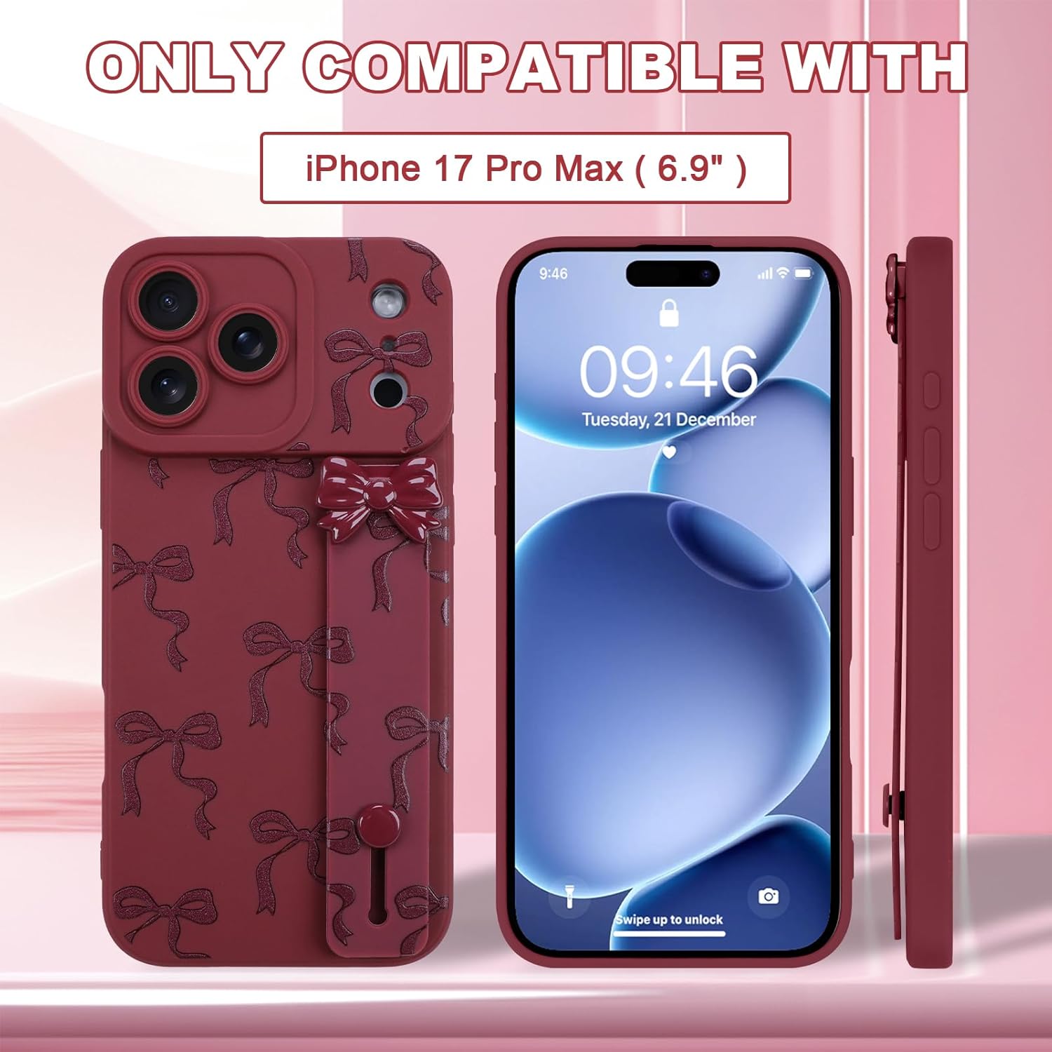OOK Case for iPhone 17 Pro Max Case with Screen Protector, Cute Bow Design with Adjustable Wristband Strap Kickstand Slim Soft TPU Rubber for Women Girls Phone Cover-Wine Red - Image 3