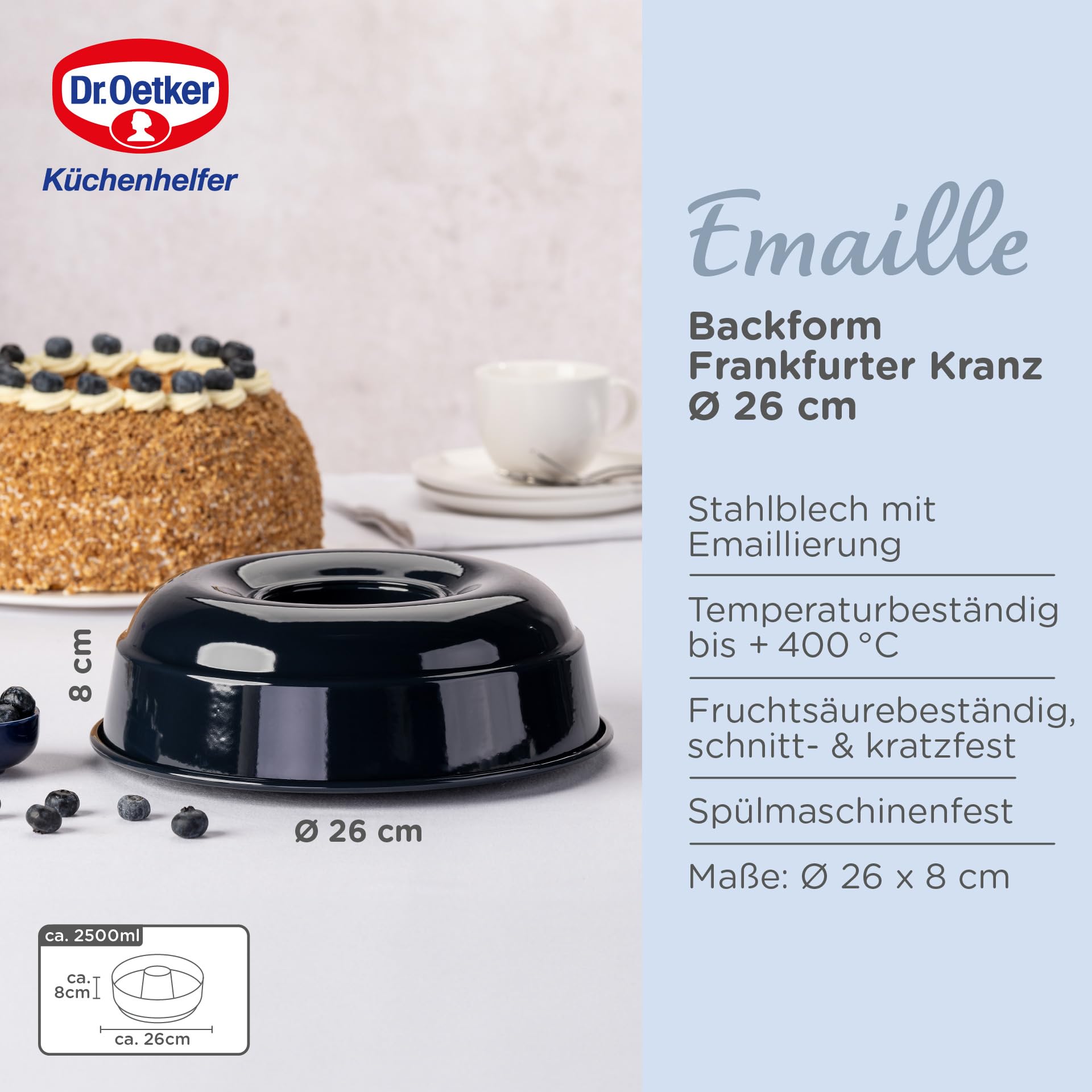Dr. Oetker Frankfurter Kranz Kuchenform 26 cm Back-Liebe Emaille – Schnitt- & kratzfeste Backform mit Emaille & Antihaft-Beschichtung – 26er Kranzform in Dunkelblau