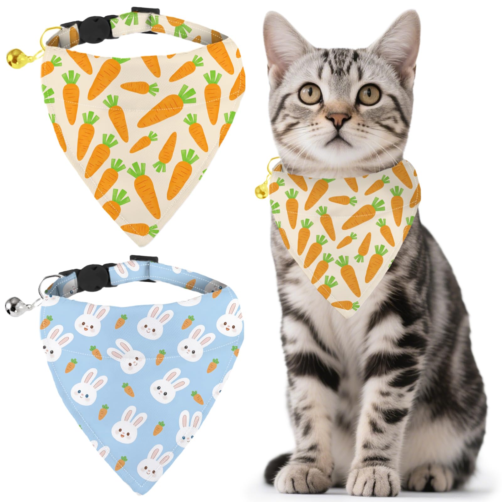 GLOBLELAND 2 Pack Carrots Dog Bandana Collar Pet Triangle Bibs with Bell Rabbits Adjustable Dog Collar Cat Collars Scarf for Pets Kittens Puppy Cats Dogs
