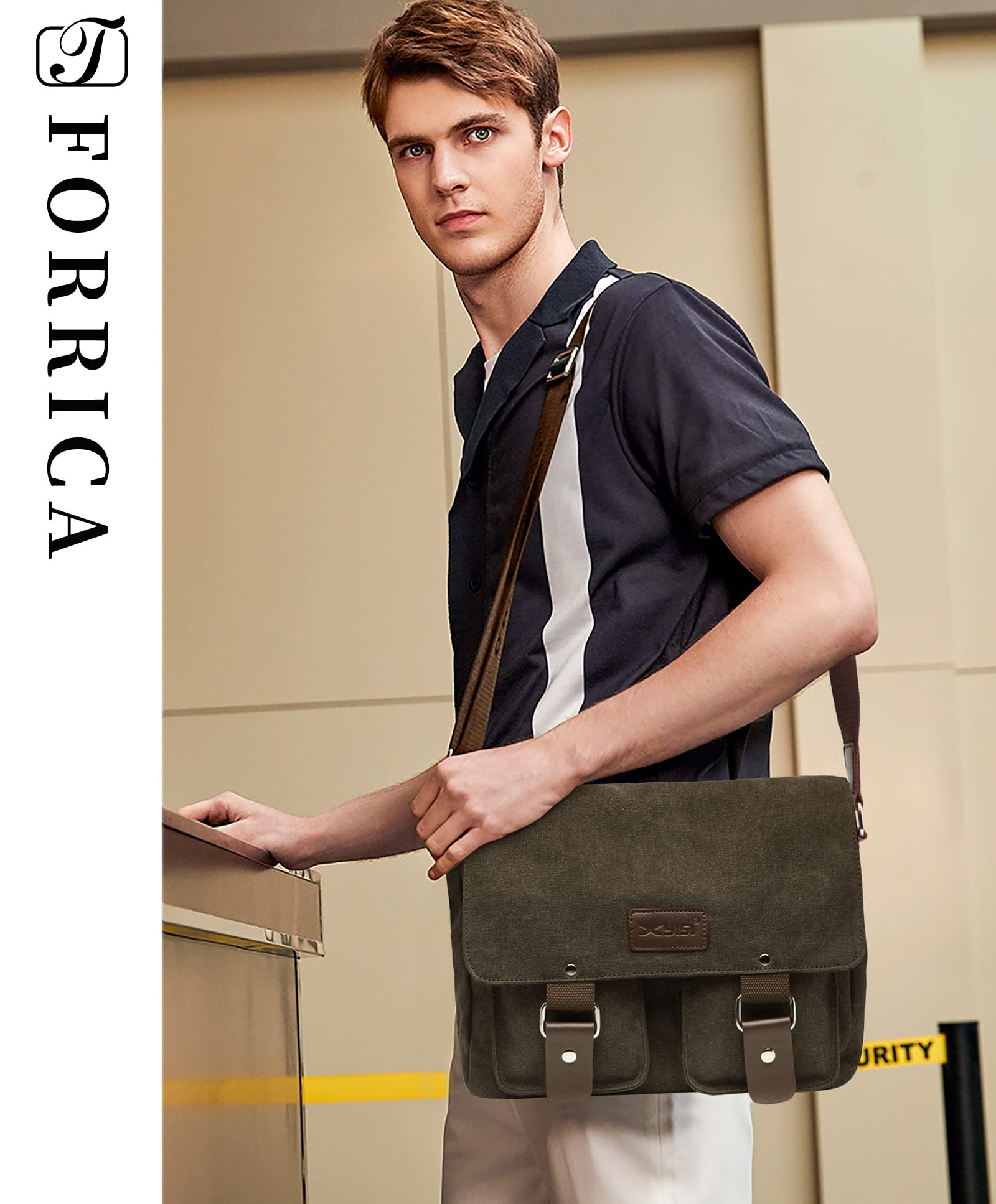 Bolsa de Mensajero Hombres Lona Bolso de Bandolera Casual Bolsa de Hombro para Ordenador Portátil Escolar Bolso de Lona Verde