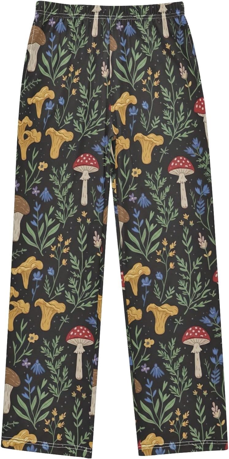 Retro Mushroom Wildflower Black Pajama Pants Soft Modal Loungewear with Pockets