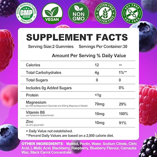 Miniatura 2 de Gomitas de glicinato de magnesio de 400 mg, gomitas de masaje sin azúcar para adultos con malato de magnesio, zinc y vitamina B6 para dormir, apoyo