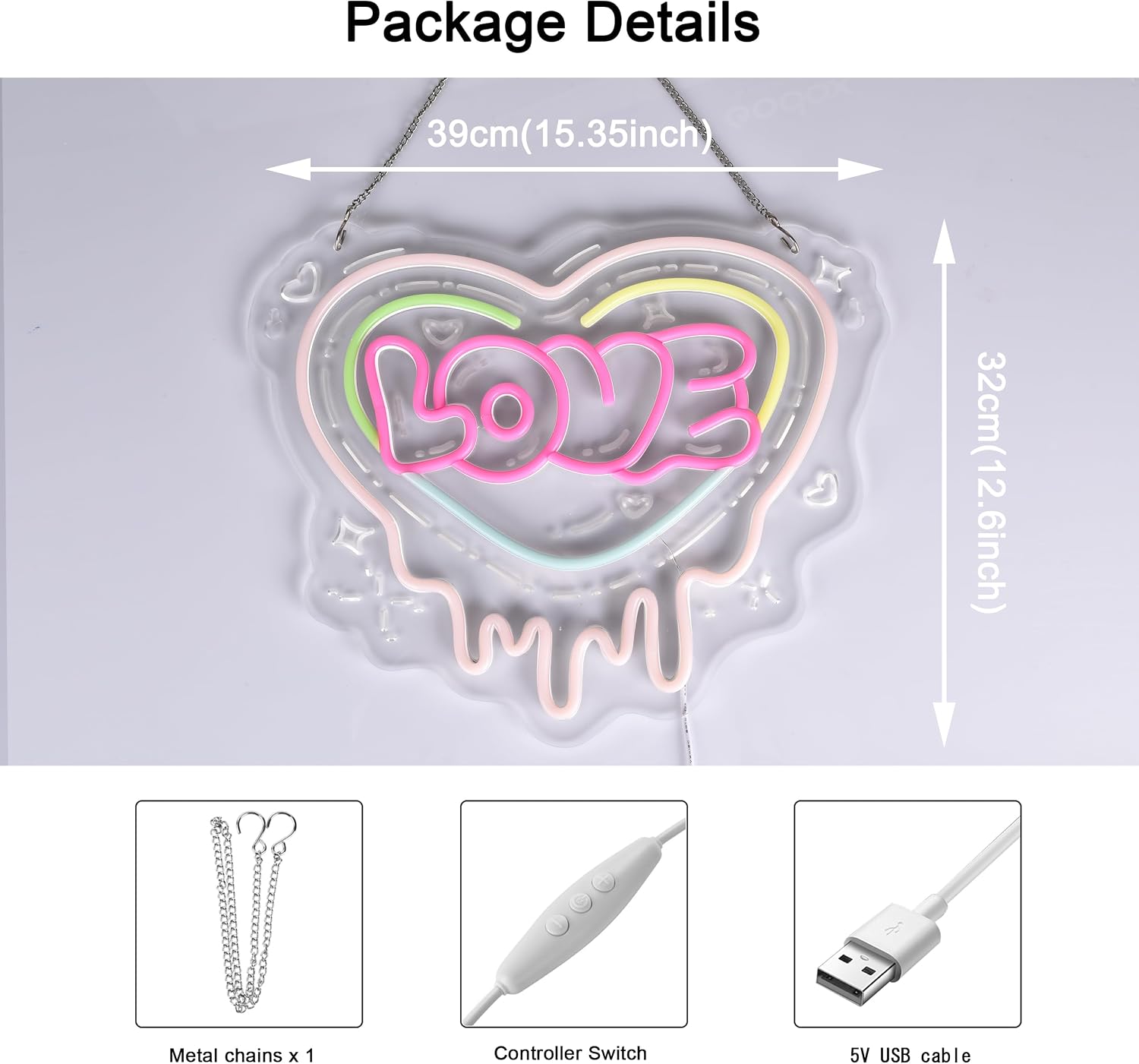 Love Heart Neon Sign, LED Neon Lights for Wedding, Engagement, Valentine's Day, Mother's Day, Bachelorette Party Decor, Romantic Atmosphere Wall Art Decoration for Girls Bedroom Home
