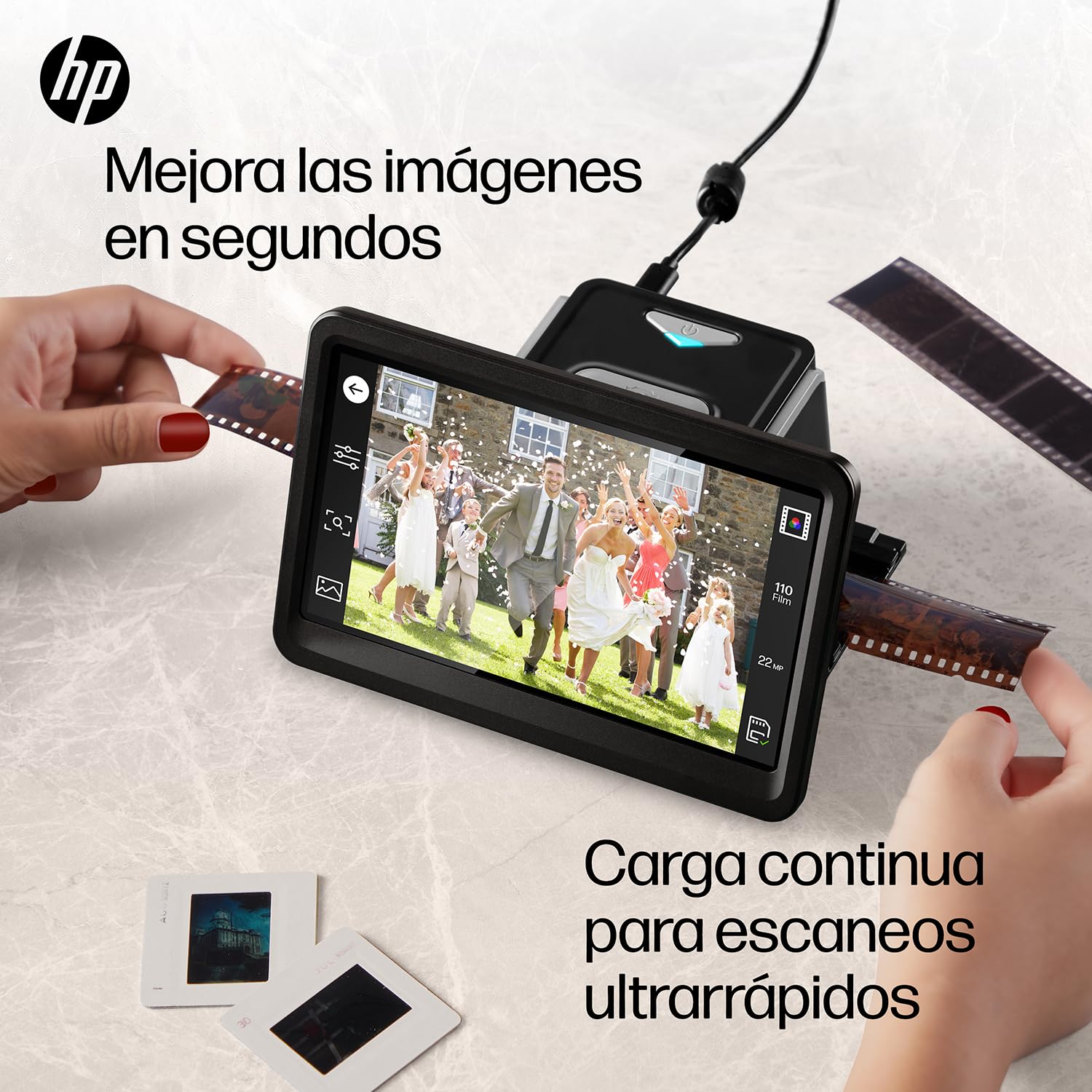 HP FilmScan - Digitalizador de película táctil y escáner deslizante con pantalla LCD ajustable de 7 pulgadas, convierte rápidamente negativos y diapositivas a fotos digitales JPEG de 22 MP, compatible
