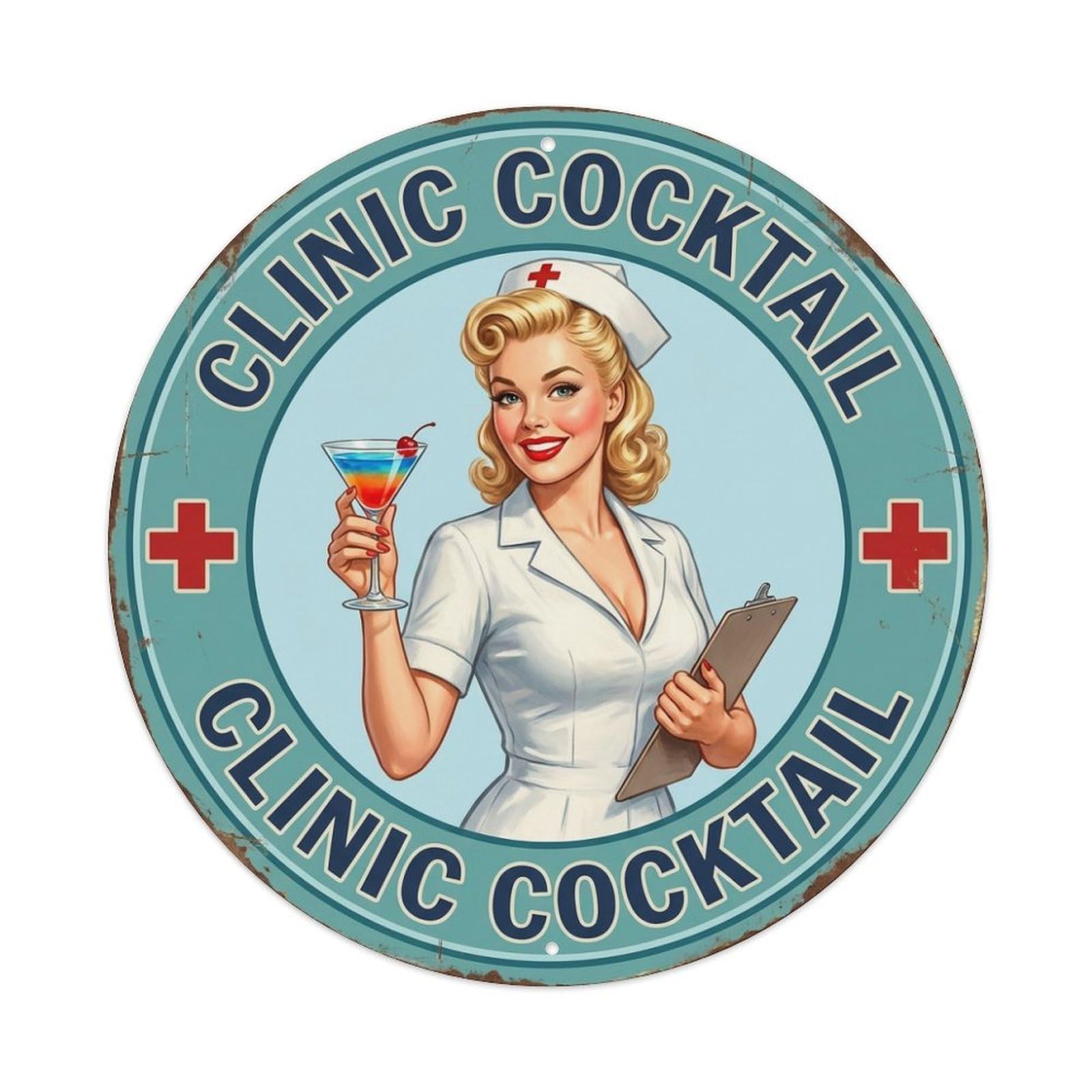 Clinic Cocktail Nurse Medical Humor Stemmed Glass Metal Tin Sign