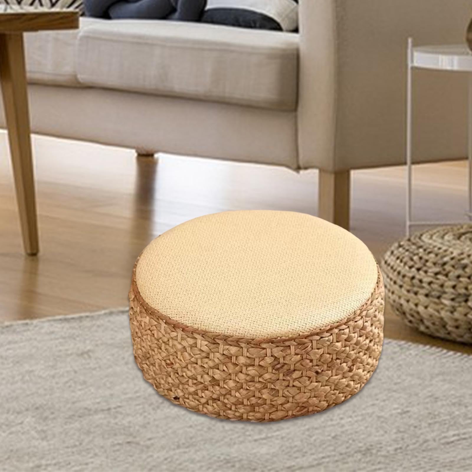 F Fiftyle Cuscino Tatami in Rattan Poggiapiedi Rotondo - Ottomano da Pavimento per Balcone e Sala Beige