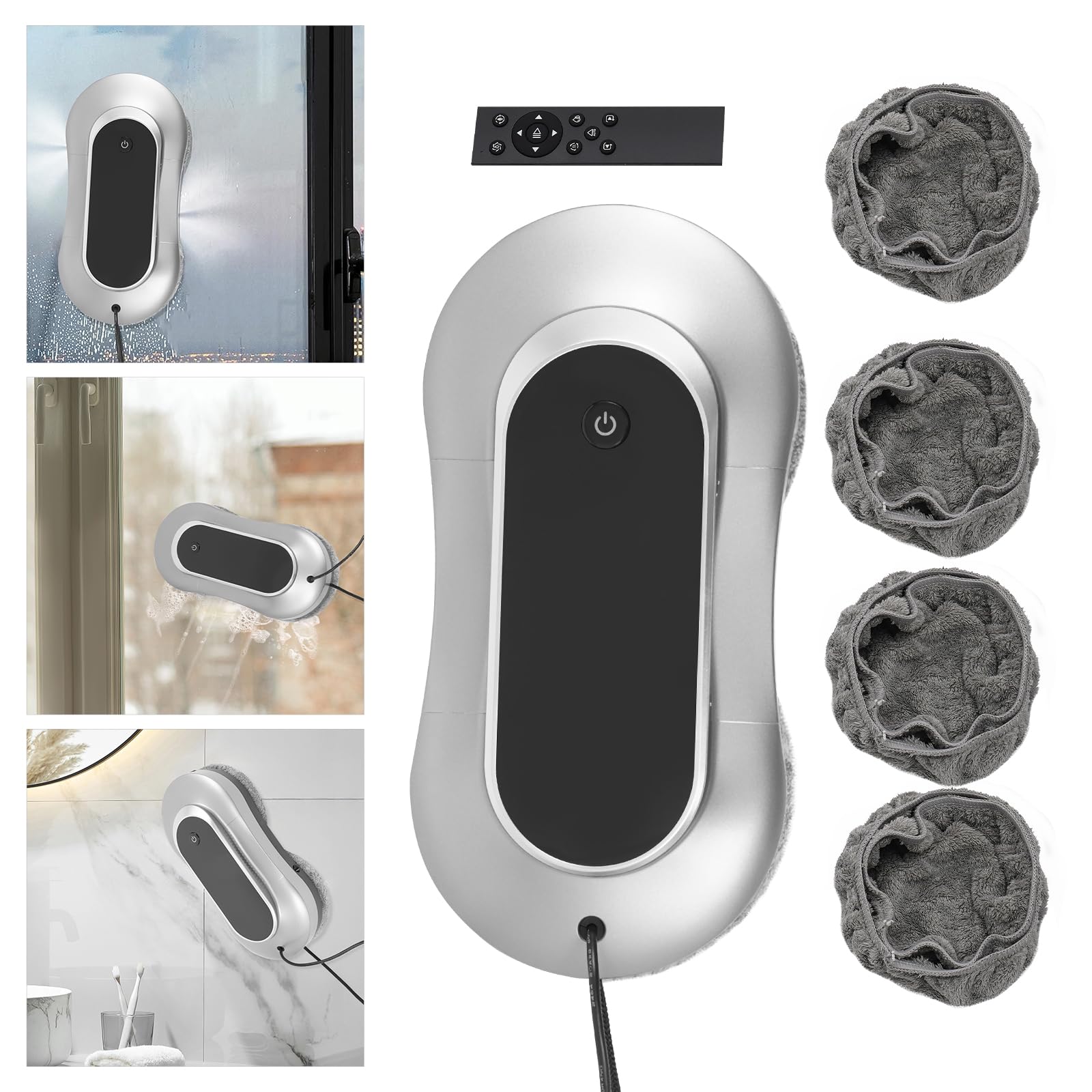 Robot limpiador de ventanas con doble pulverización y 3200 Pa para vidrio | Con energía de emergencia UPS - seguro sobre espejos de vidrio y azulejos (gris plata)