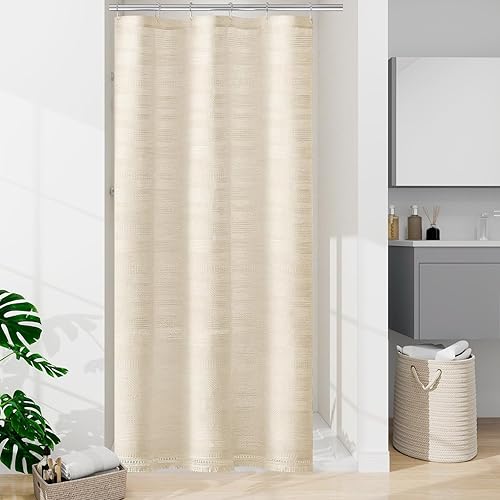 Miniatura 11 de Juego de Cortina de Ducha Boho Granja con Borla, Juego de Cortina de Ducha de Lino Bohemio Francés Country Chic para Baño, Cortina de Ducha Moderna