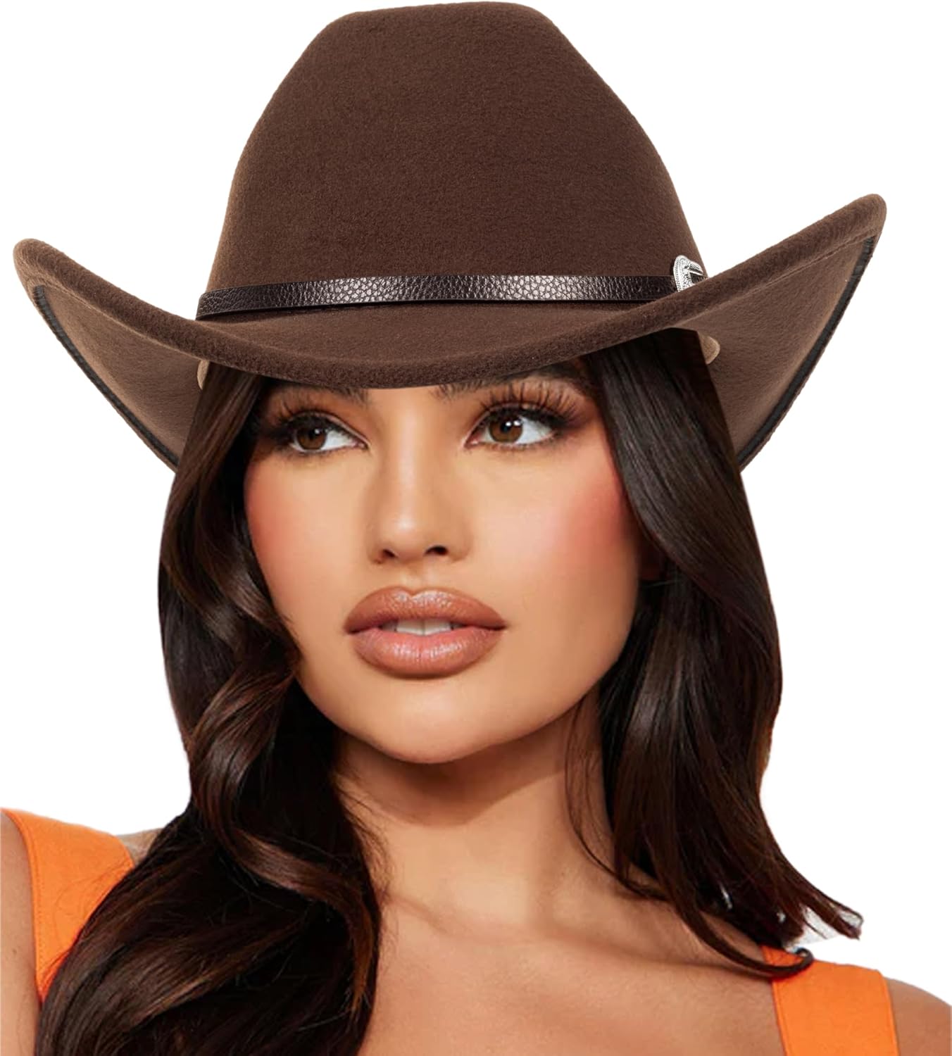 Womens Western Cowboy Hats Studded Pinched Western Cowgirl Hats Wide Brim Fedoras Hat with Belt Buckle M/L Coffee Medium