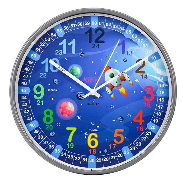 Kiddus Reloj de Pared Infantil para Aprender la Hora, Reloj Educativo con Agujas Escritas Hora y Minuto