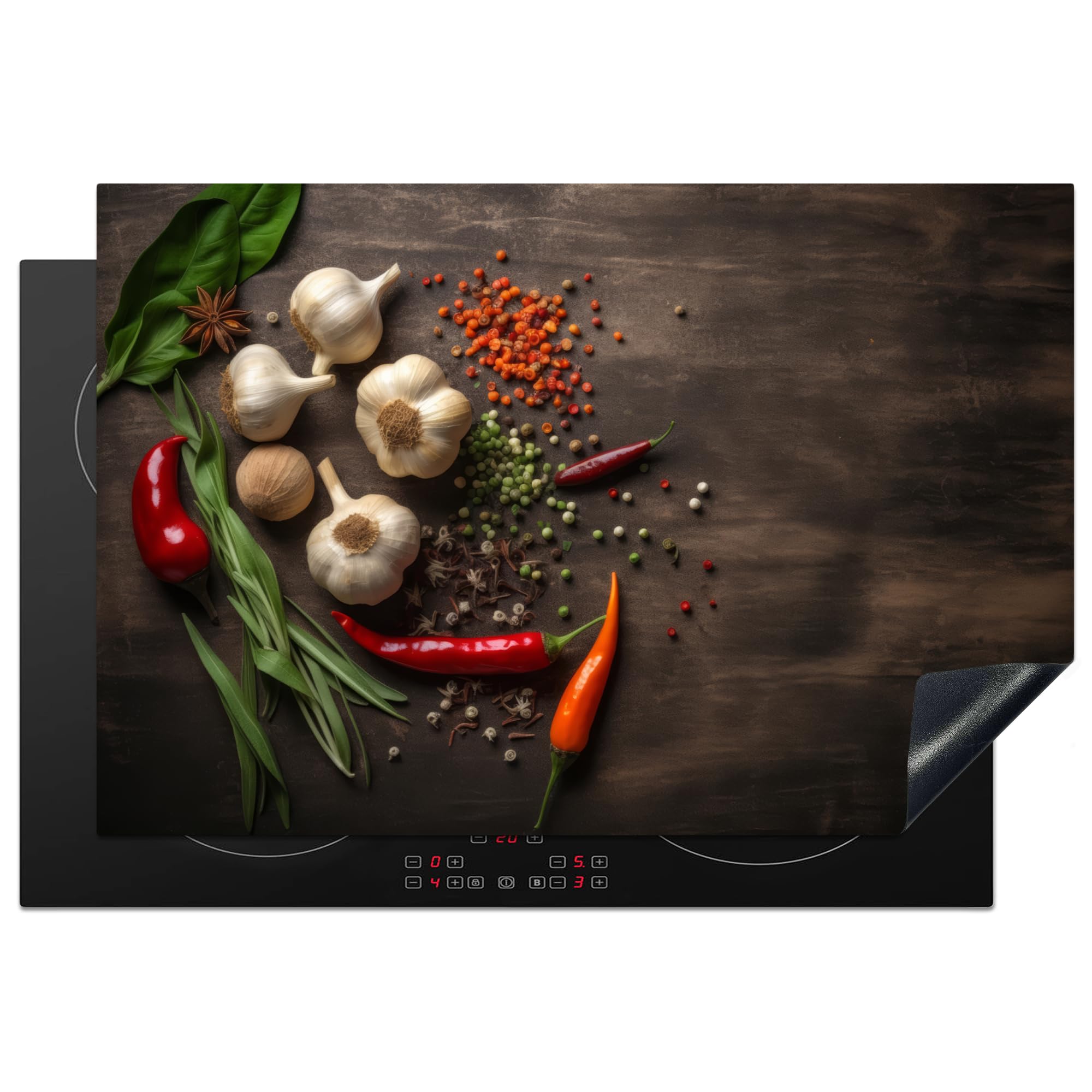 KitchenYeah© Induction Hob Cover Protector Mat 20.5"x30.7" / 78x52 cm Kitchen Universal Ceramic Covers for Electric Cookers Vinyl Pepper - Spices - Garlic - Wood Print - Herbs