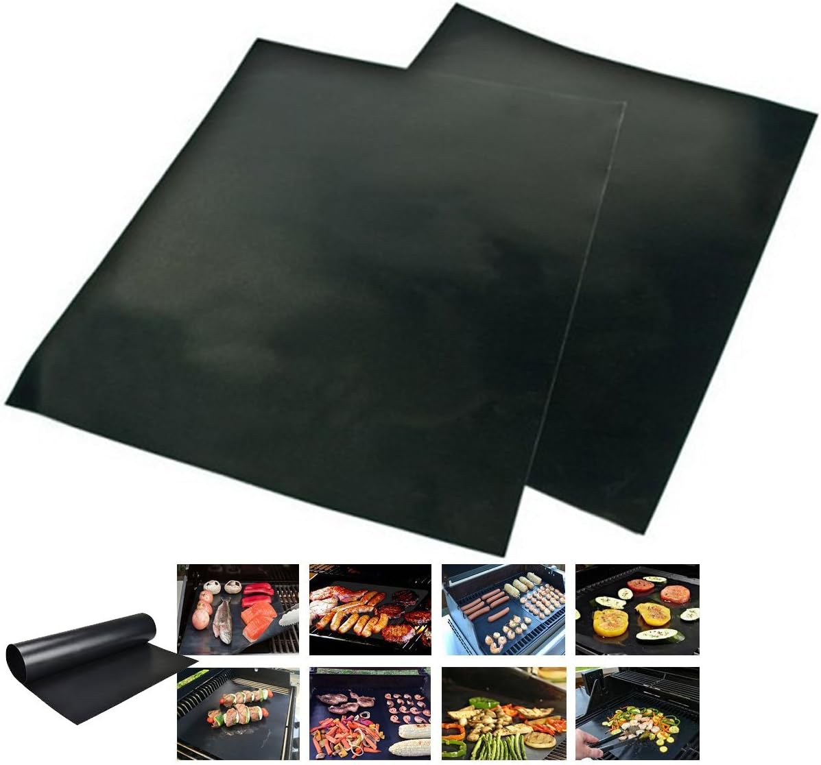 Set of 2 BBQ Grill Mat (40x33 cm) - 100% Teflon Non Stick and Reusable - Baking and Grilling without a mess - no falling through or sticking food food - Rectangular and can be cut to size
