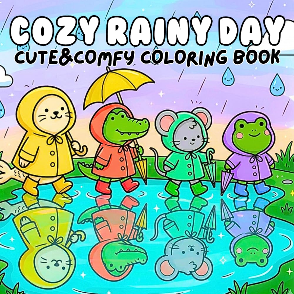 Cozy Rainy Day Cute & Comfy Coloring Book: Bold and Easy Cute Scenes with Animals Umbrellas Tiny Houses for Relaxation Stress Relief and Mindful Coloring