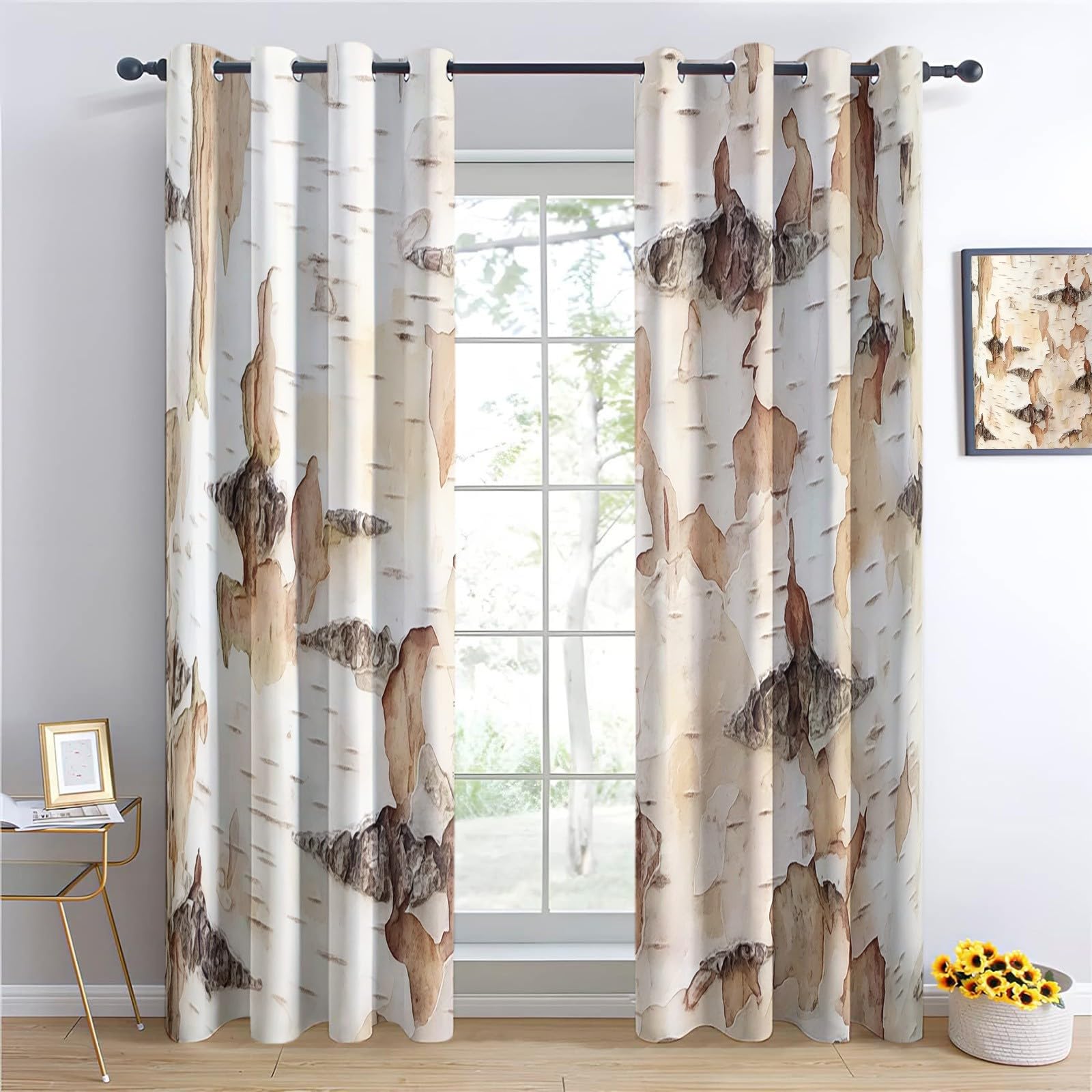 Tende Oscuranti per Interni 2 Pezzi 140x260 cm (LxA), Wood Grain Birch Natural Theme Tenda Coprente per Soggiorno, Termiche Isolanti Tendaggi per Interno con Anelli Finestra per Salotto