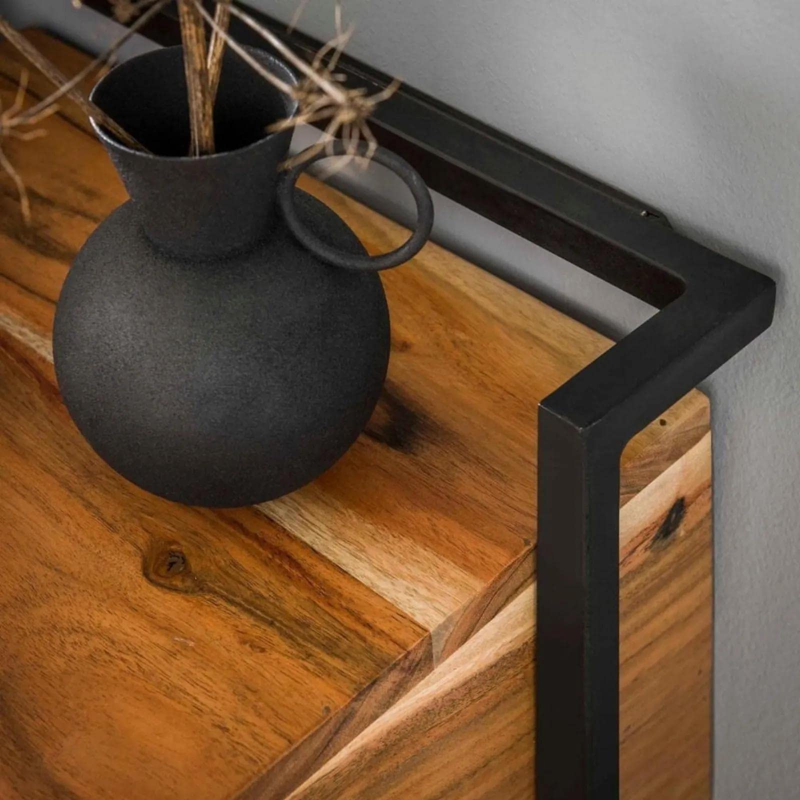 Ringo-Living Massivholz Nachttisch Lolei Hängend mit Schublade & Fach, Dunkelbraunes Regal mit Schwarzem Metall Rahmen, Schlafzimmer Wandregal Schwebend