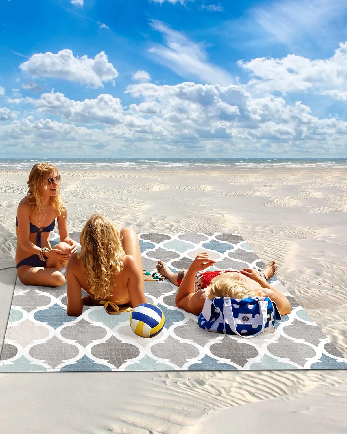 Vintage Morocco Plaid Lattice Beach Blanket Waterproof Sandproof Outdoor Picnic Mat 108"x84" Retro Check Lightweight Large Beaach Blankets with 4 Stake & 4 Corner Pockets