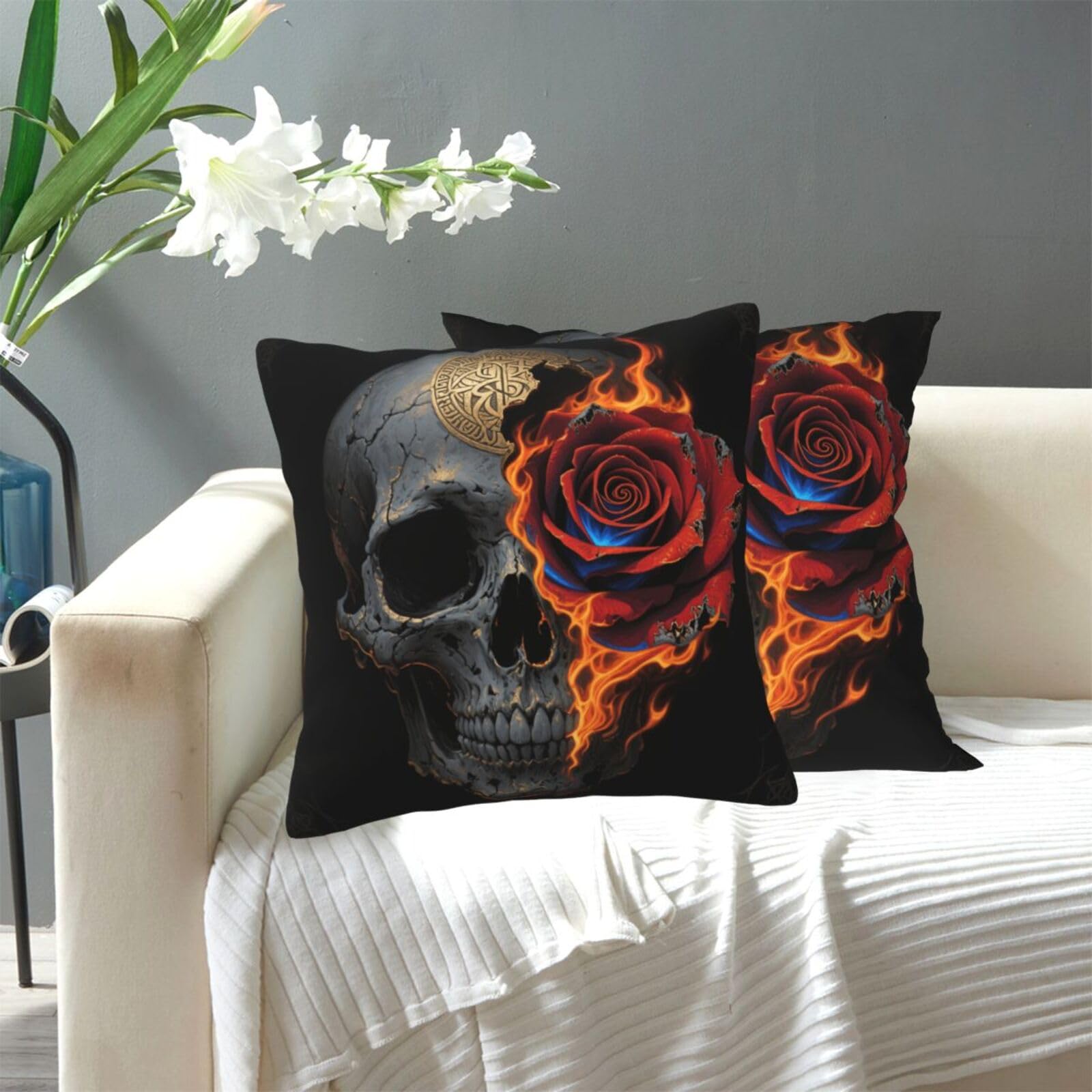 FekiLoot Decorative Throw Pillow Covers Modern Farmhouse Pillowcase Double Sided Cozy Cushion Cover for Sofa Couch Bed 18"X18" Gothic Skull and Black Rose