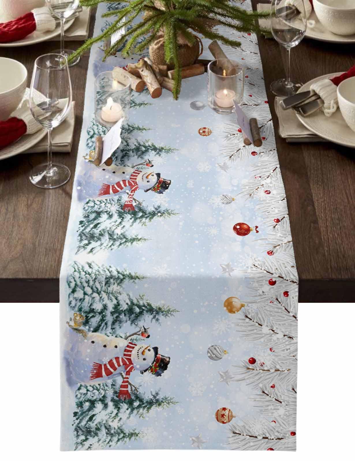 Snowman Table Runner, Blue Merry Christmas Tree Red Balls Squirrel Cotton Linen Tablecloth Holiday Farmhouse Table Decor for Home,Kitchen,Dining Room,