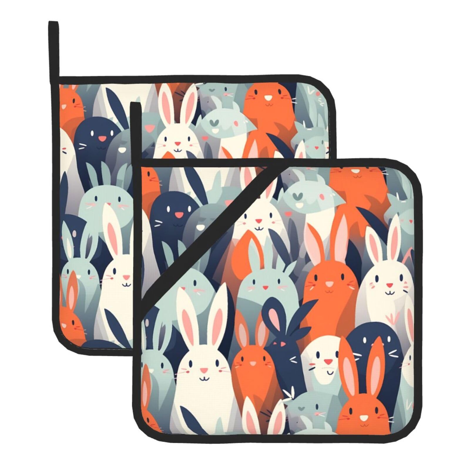 HJFCZH Cute Rabbits Printed Square Insulated Pot Mat Set (2-Piece) 8x8in Waterproof, Thickened & Easy to Clean with Lanyard Design for Kitchen, Oven & BBQ