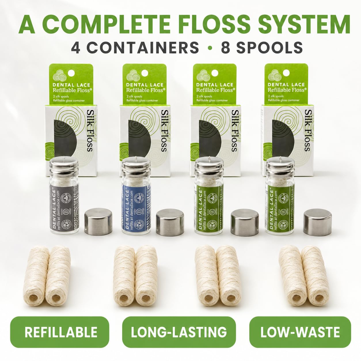 Dental Lace Confezione da 4 contenitori per filo interdentale ricaricabili con confezione ecologica a zero rifiuti