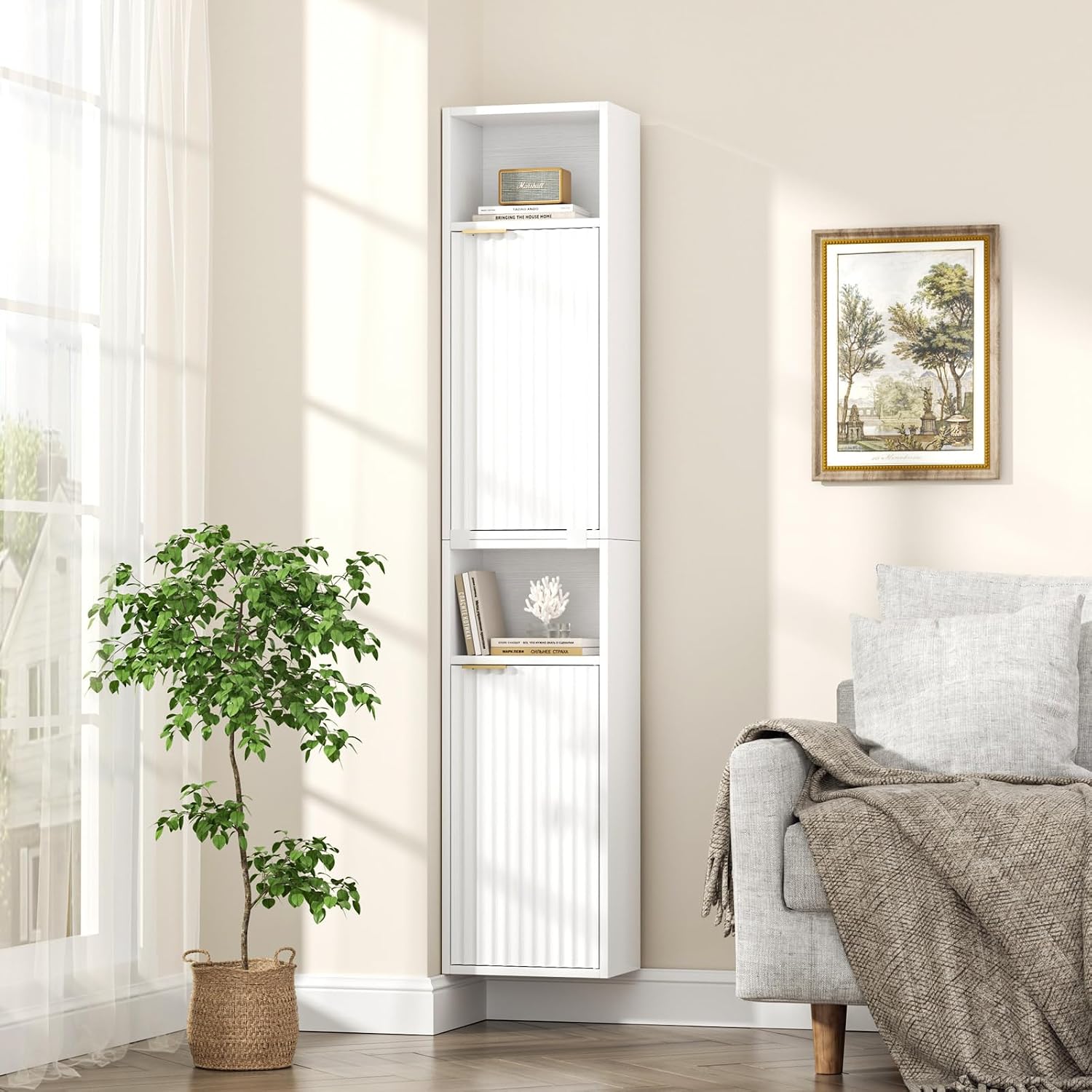 AKMAKM 59.1" Tall Slim Bathroom Storage Cabinet White | Freestanding or Wall Mounted Modular Cabinet, Fluted Panel Linen Tower with Adjustable Shelves for Small Spaces