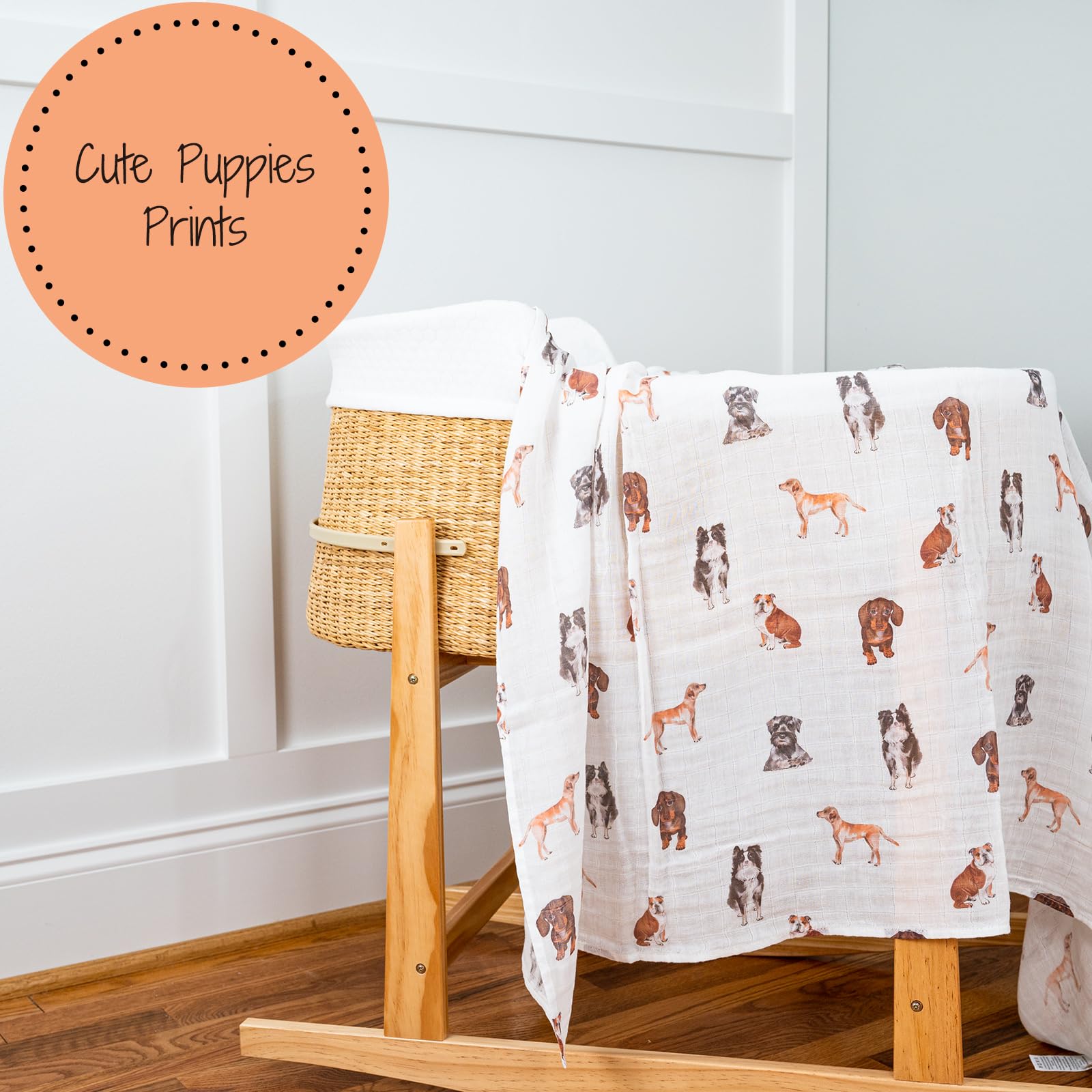 LollyBanks Manta para envolver, 100 % muselina de algodón, manta neutra de 47 x 47 pulgadas, manta de bebé para niños y niñas, artículos esenciales para bebés, lista de regalos (estampado de perros)