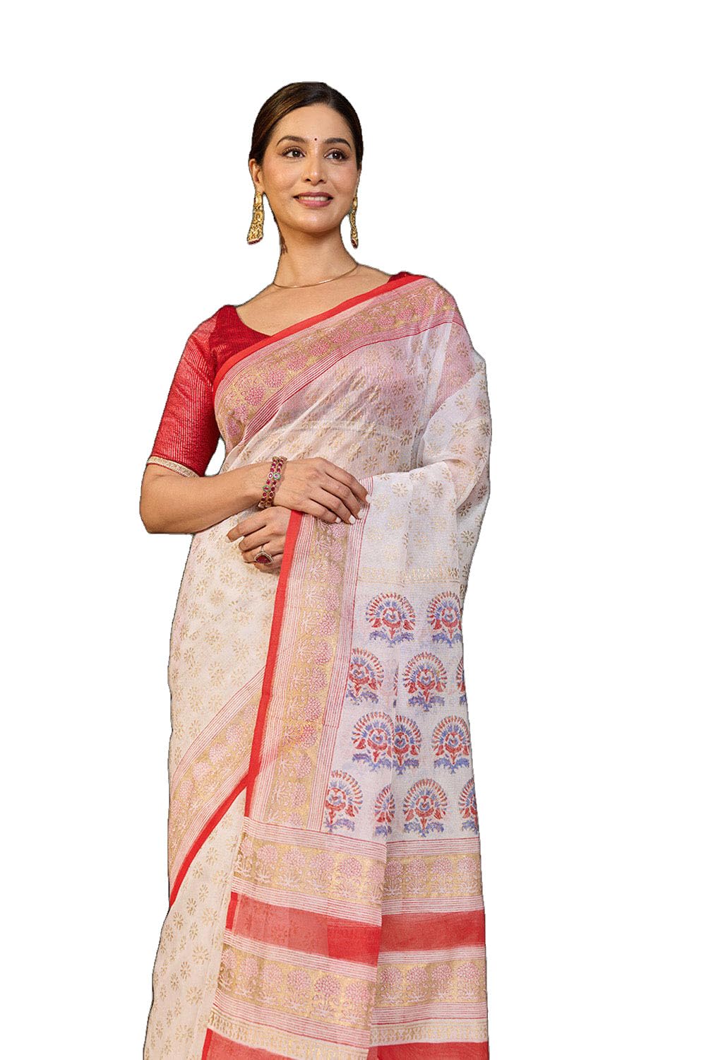 taneira Off White Pure Silk Cotton Block Printed Bengal SareeWith Unstitched Blouse(SAPP01AA7176-Off White)-picture-16