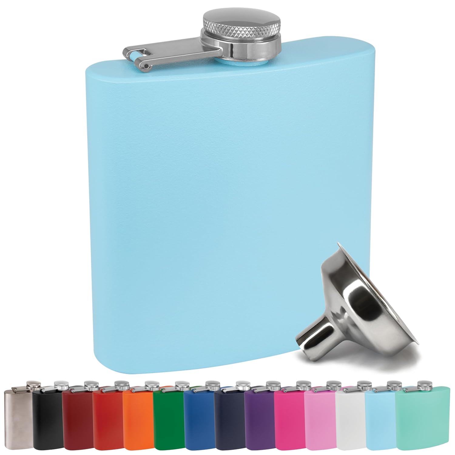 6 oz Stainless Steel Hip Flask with Funnel for Men & Women, Powder Coated Flask Gift Sets for Groomsmen, Bridesmaids, Wedding Party Whiskey Flask for Liquor, Clear Water Home Goods, Matte Light Blue