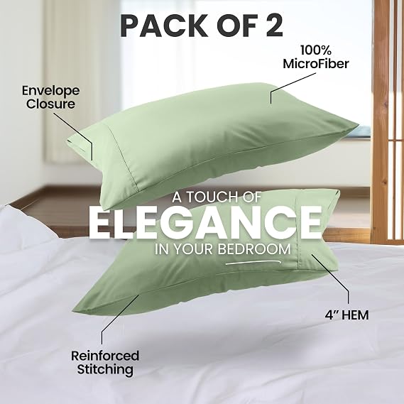 Pillow Cases Queen Size Set of 2, Ultra Soft Comfy Pillow Covers, Sage | Comfortable Pillow Sham like Pillowcases with Envelope Closure, Breathable Fabric, Fade & Shrink Resistant, Machine Washable