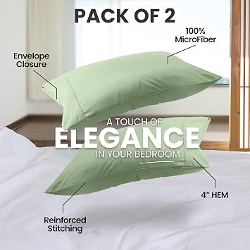 Pillow Cases Queen Size Set of 2, Ultra Soft Comfy Pillow Covers, Sage | Comfortable Pillow Sham like Pillowcases with Envelope Closure, Breathable Fabric, Fade & Shrink Resistant, Machine Washable