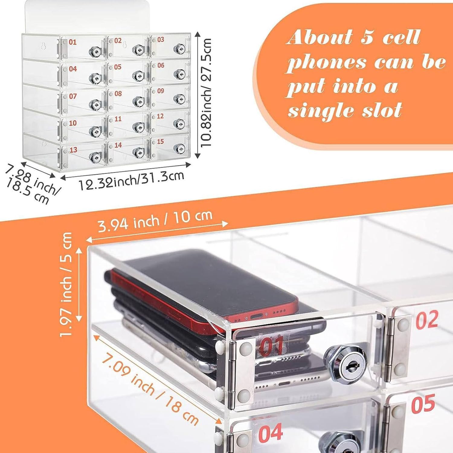 40-Slot Wall-Mounted Mobile Phone Locker Cabinet - Clear Acrylic Storage Box with Lock for Cell Phones Tablets and Personal Items - Space-Saving Secure Storage Solution