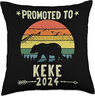 Promoted To KEKE Bear Est 2024 Vintage Retro Matching Family Throw Pillow, 18x18, Multicolor