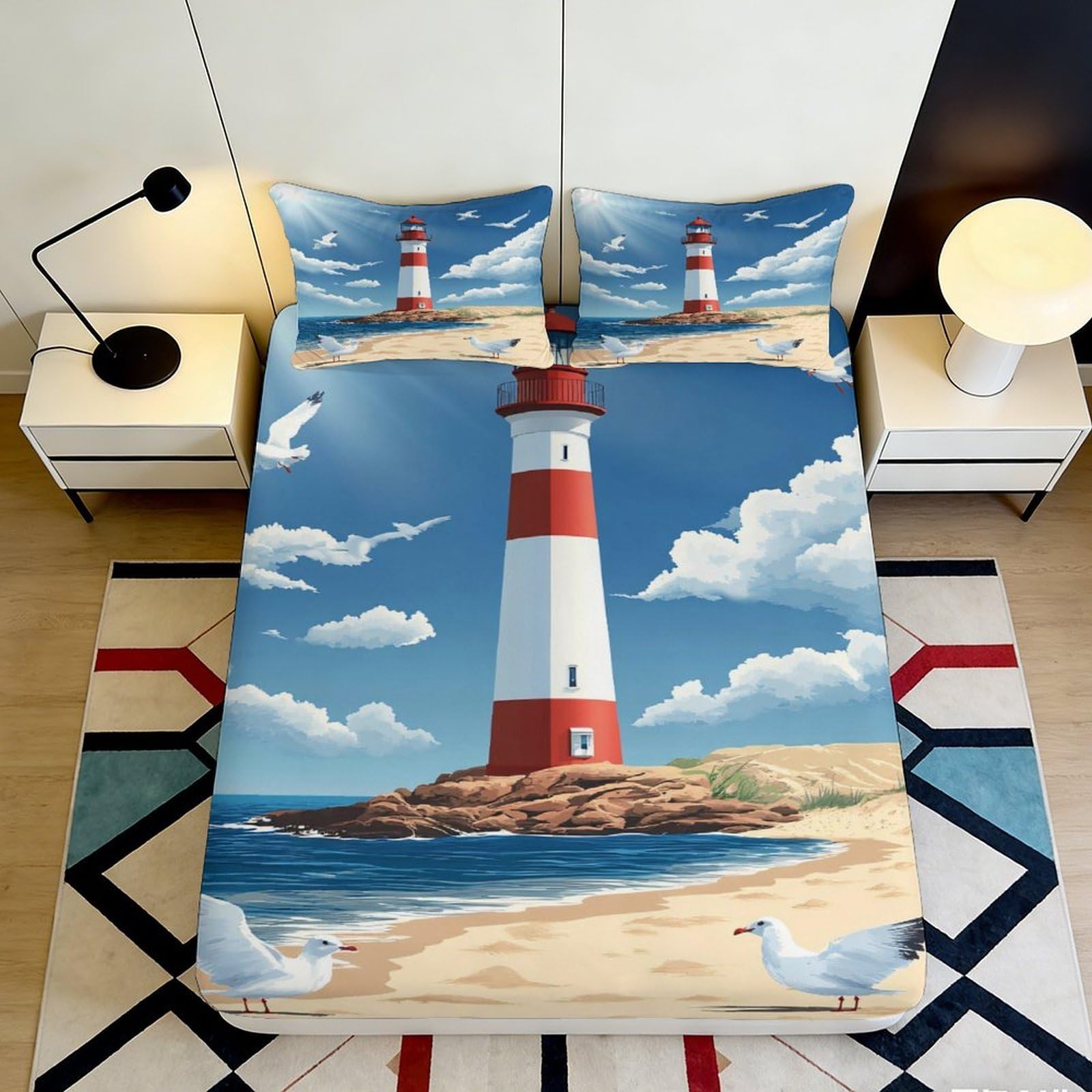 3D Printed Lighthouse Fitted Sheet Microfiber Deep Pocket Bedroom Bedding Lighthouse Mattress Fitted Cover Non-Slip Washable for Adults 160x200x25cm