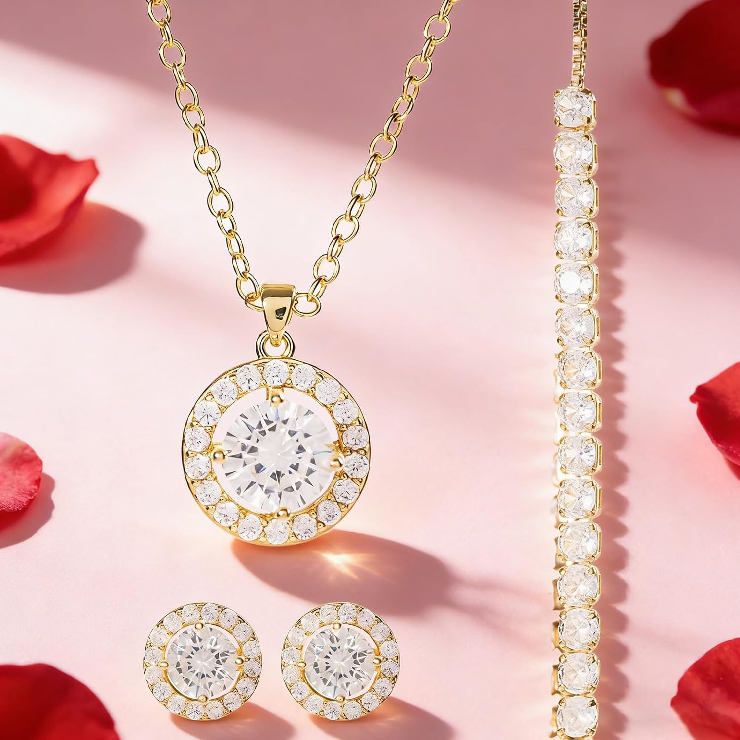 WDS WONDROUS Preserved Rose Jewelry Set for Women, 4-Piece Red Rose Gift Box with Necklace Earrings Bracelet, Valentines Day Anniversary Birthday Gift for Her Wife Girlfriend Mom