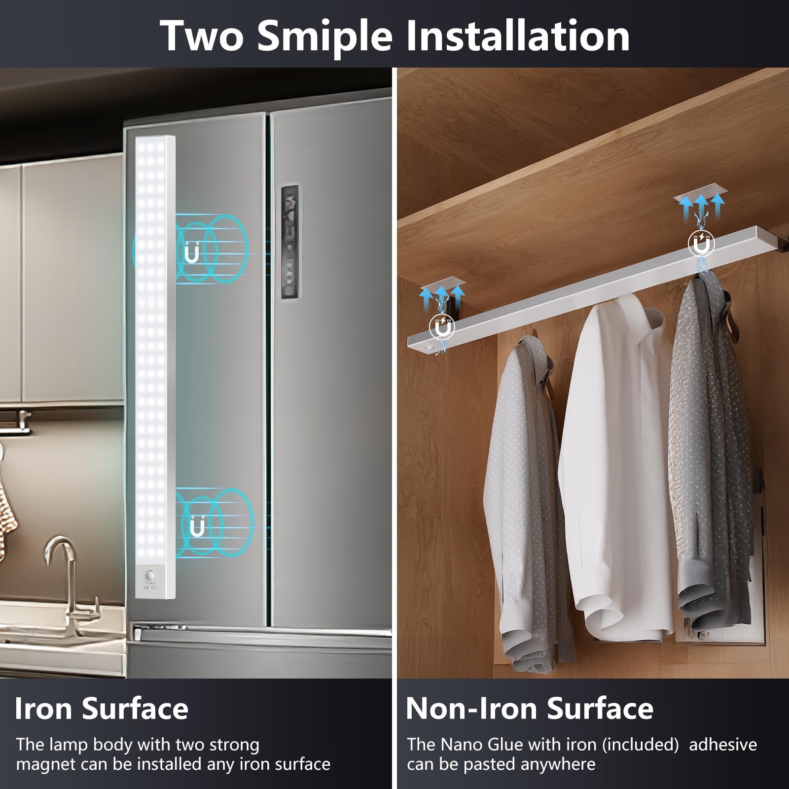 OUILA Luce Armadio LED con Sensore di Movimento Luci Notturna LED 4 Modalità Lampada Guardaroba Luce da Esposizione 5000mAh USB Ricaricabile Cucina, Scale, Corridoio, Garage - 60cm*2 Pezzi