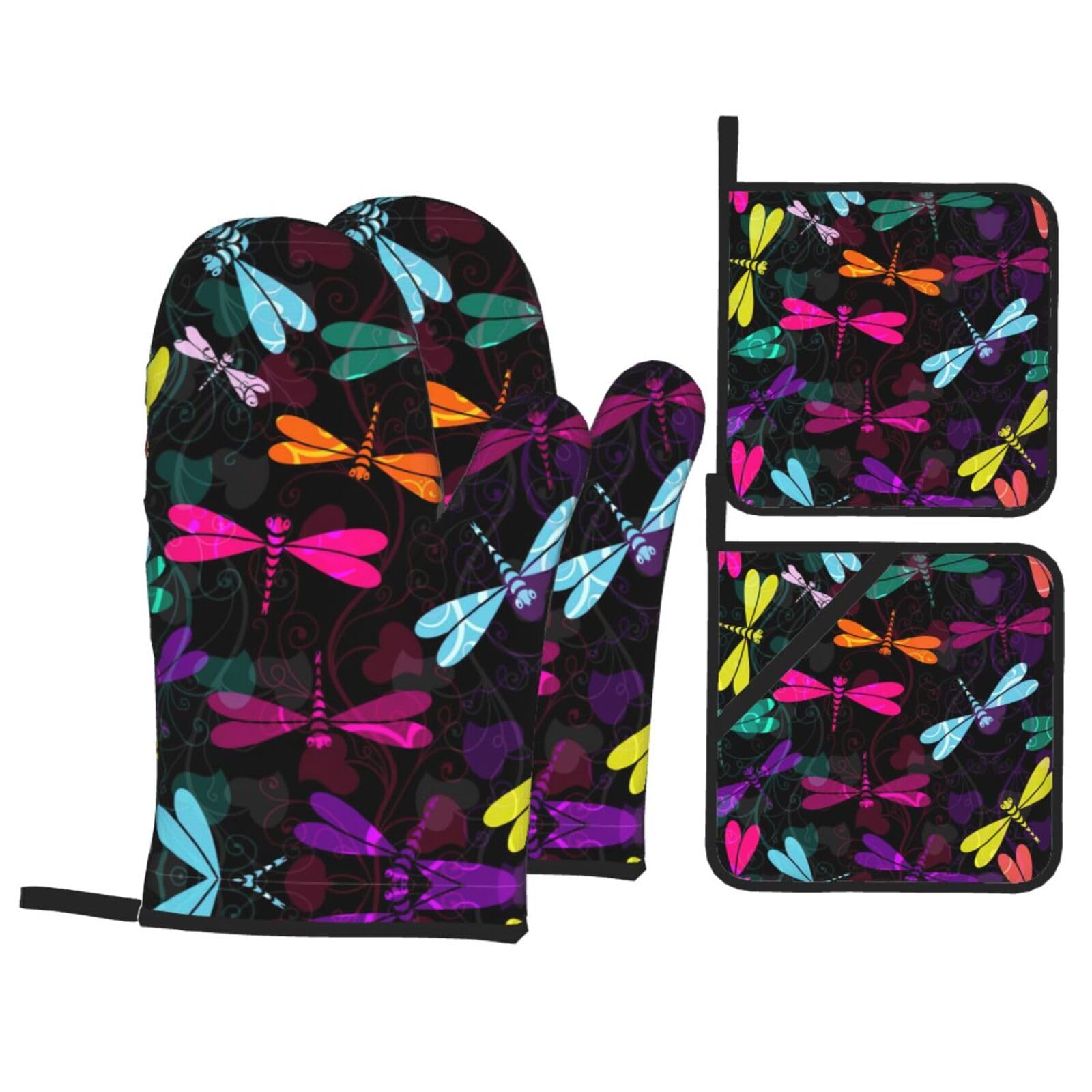Cute Dragonfly Print Oven Microwaving Waterproof Kitchen Gloves for Baking Grilling Holiday Cooking
