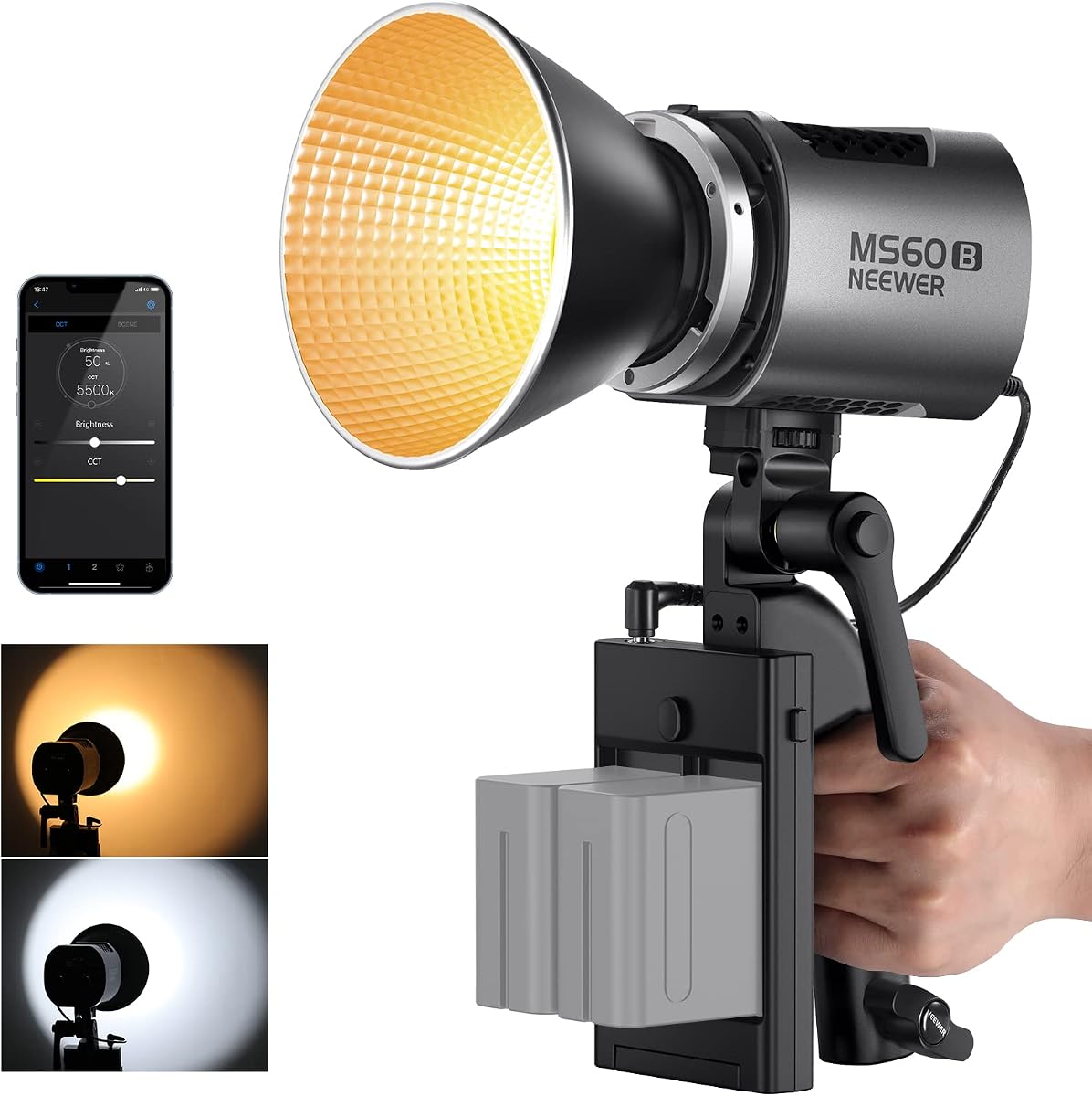 NEEWER MS60B Luz de Vídeo LED 2.4G/Control de APP, 65W Metal Mini COB Compacto Iluminación de Salida Continua Foco 2700K-6500K, 40000lux@1m, CRI 97+/TLCI 98+, 12 Efectos, Atenuación PWM, Montaje Bowens, Plata